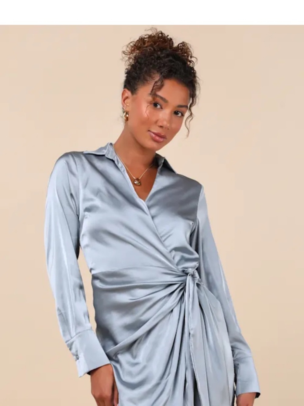 Satin Wrap Drape Blouse in Light Blue